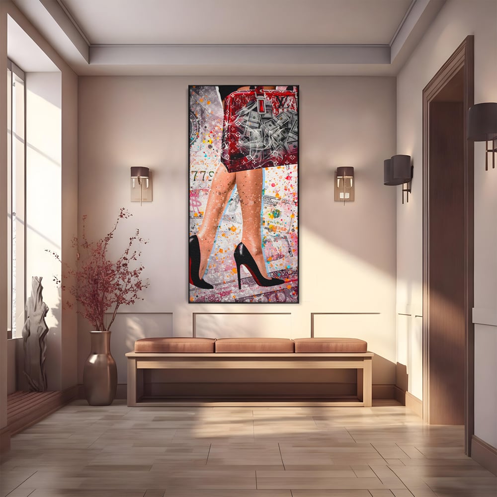 Tablou canvas cu tablou canvas cu silueta feminina si geanta rosie, in rama de aluminiu negru